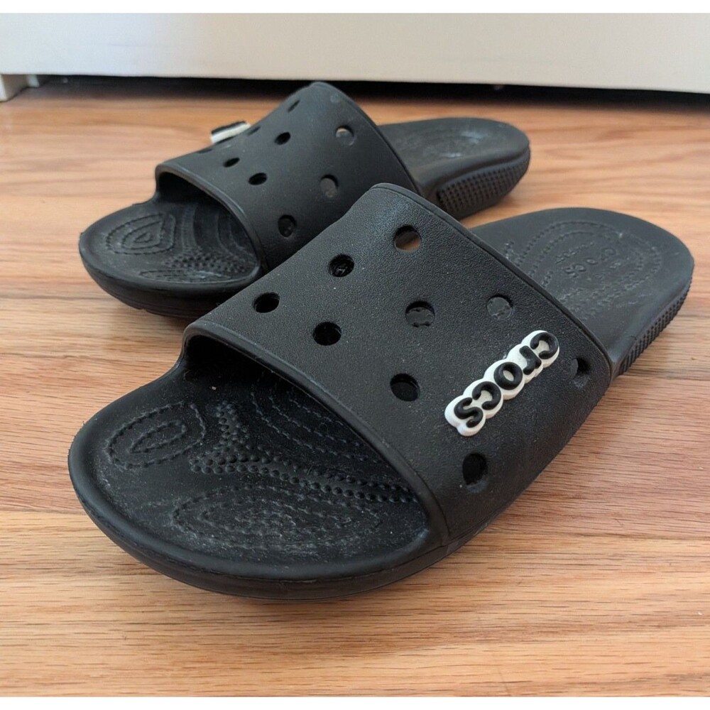 Crocs Classic Unisex Slides Sandals Black with "Crocs" Jibbitz Charm M 6 W 8